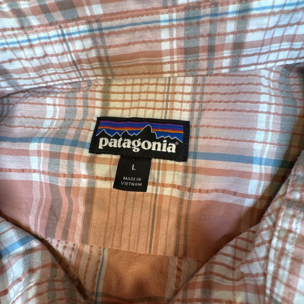 M's Puckerwear Patagonia A/C short sleeve shirt L organic red/orange Blue plaid - Picture 5 of 10